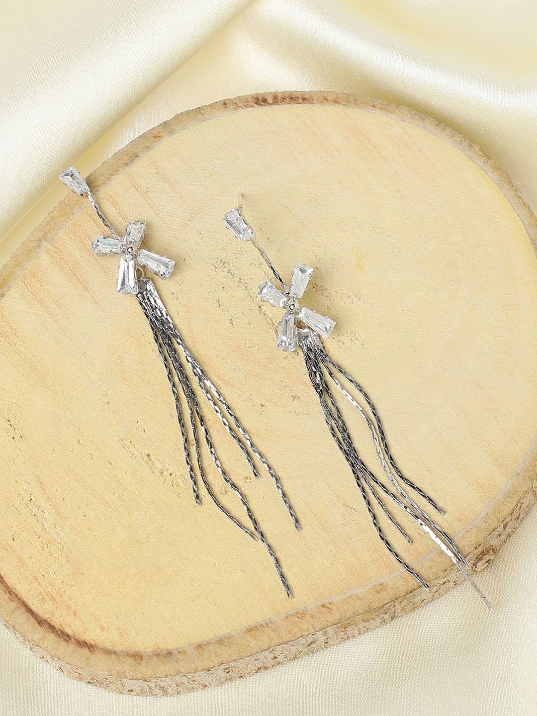 DressBerry Silver-Plated Artificial Stones Studded Contemporary Tasselled Drop Earrings-picture-20