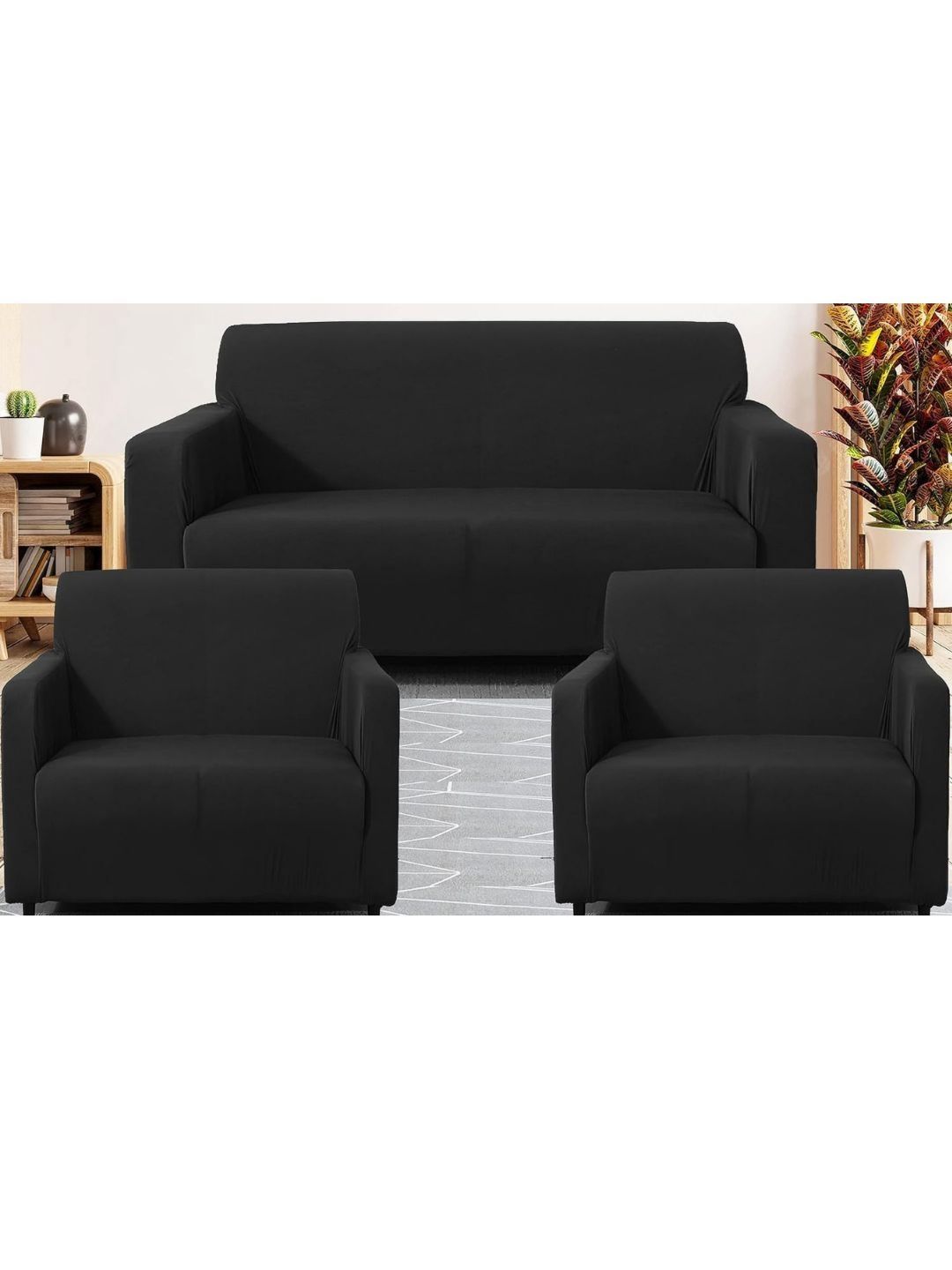 GIFTS ISLAND Black Solid Polyester 3 Piece Sofa Cover With Arms-picture-31