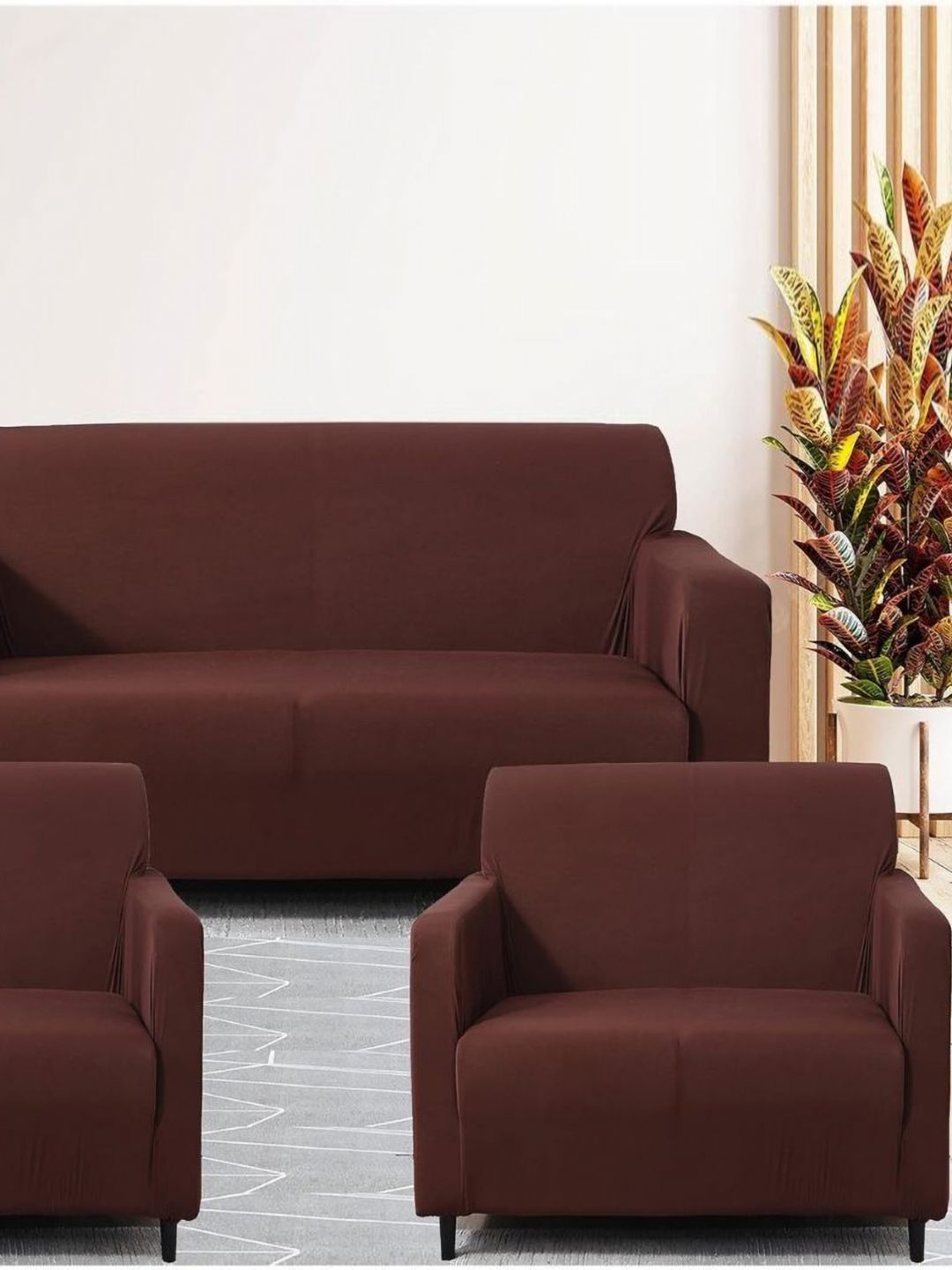 GIFTS ISLAND Brown Solid Polyester 3 Piece Sofa Cover With Arms-picture-23