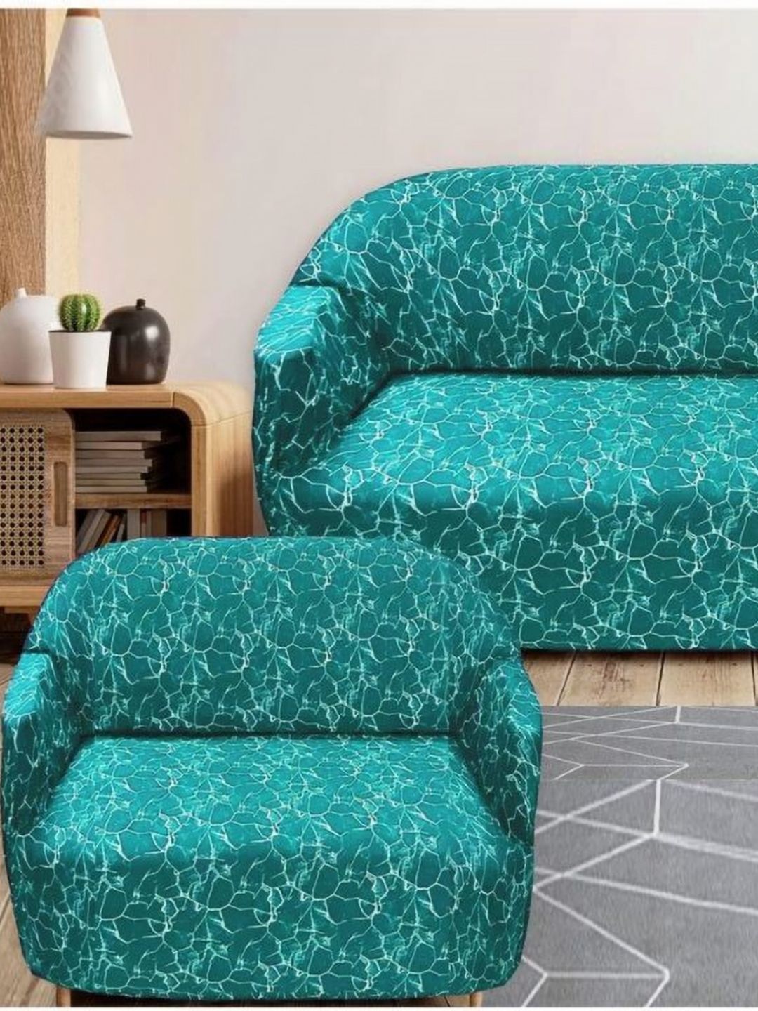 GIFTS ISLAND Teal Printed Polyester 5 Piece Sofa Cover With Arms-picture-33