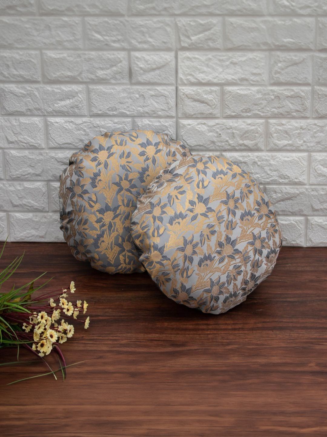 RoyalDeco Grey & Gold-Toned Set of 2 Ethnic Motifs Round Cushion Covers-picture-14