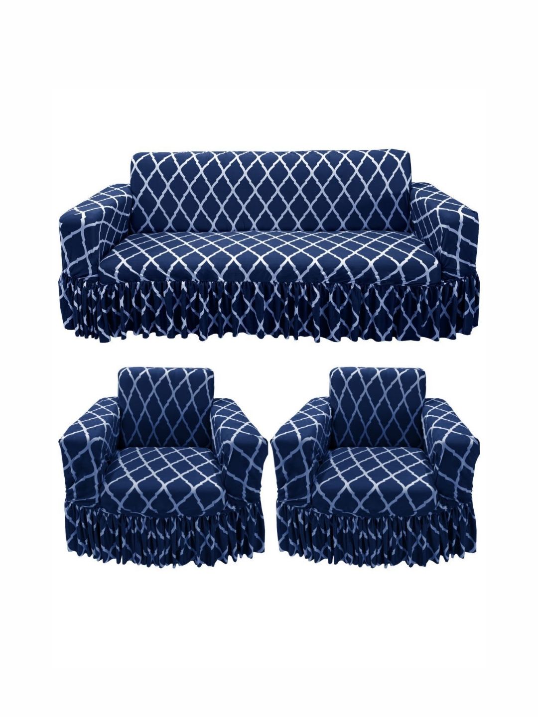 GIFTS ISLAND Navy Blue & White Printed Polyester 5 Piece Sofa Cover With Arms-picture-27
