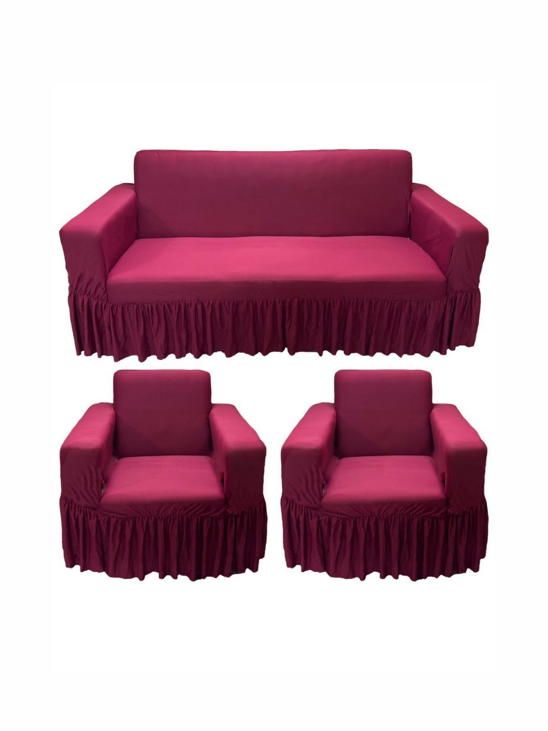 GIFTS ISLAND Maroon Solid Polyester 3 Piece Sofa Cover With Arms-picture-50