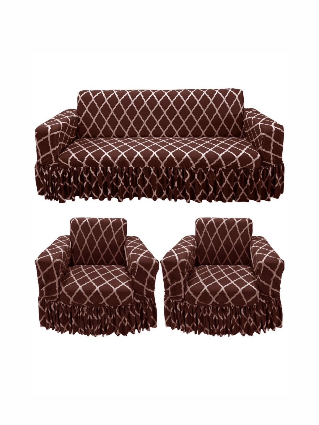 GIFTS ISLAND Brown & Off White Printed 5 Pieces Frill Sofa Cover With Arms-picture-11