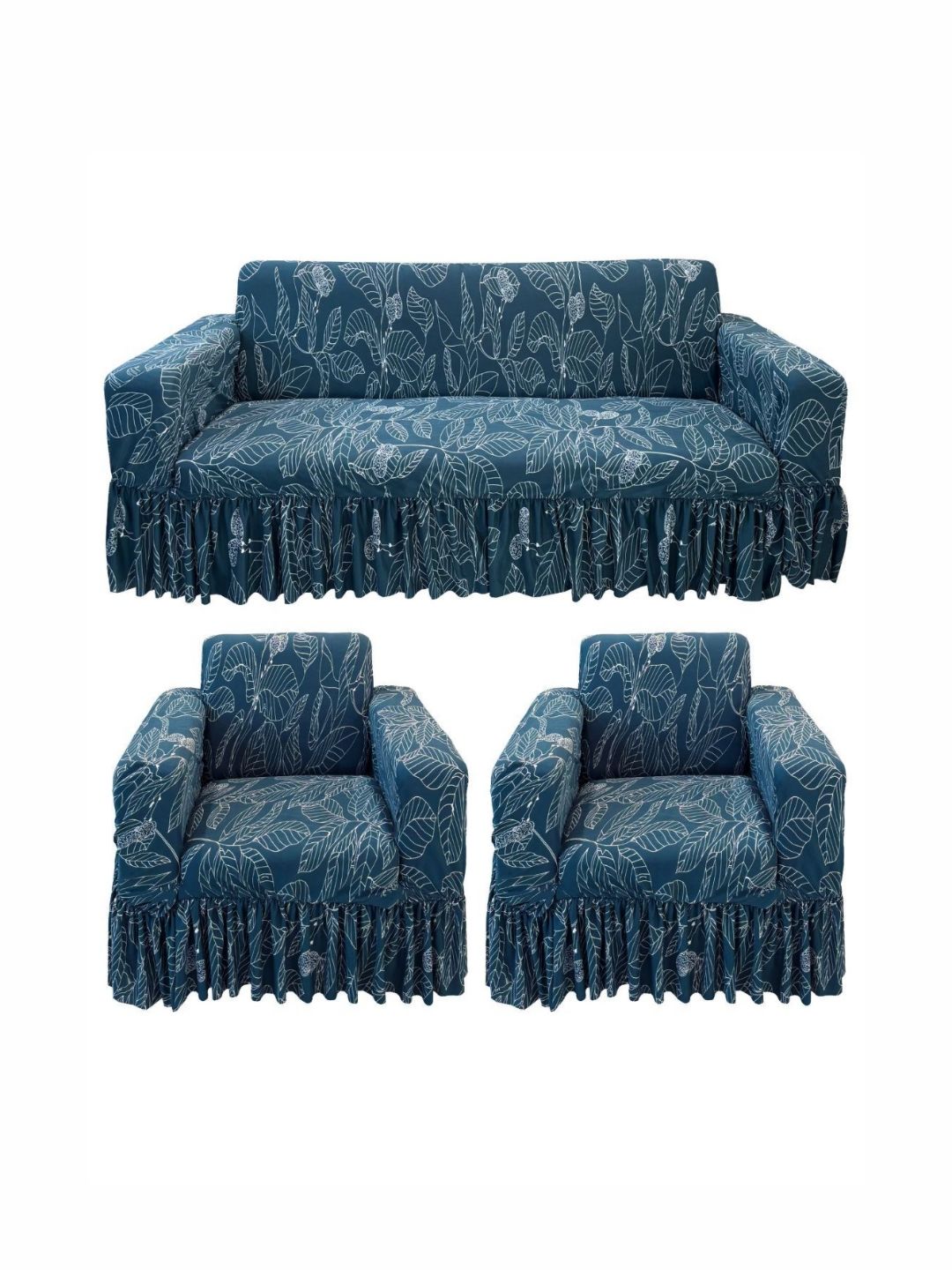 GIFTS ISLAND Blue & White Printed Polyester 3 Piece Sofa Cover With Arms-picture-58