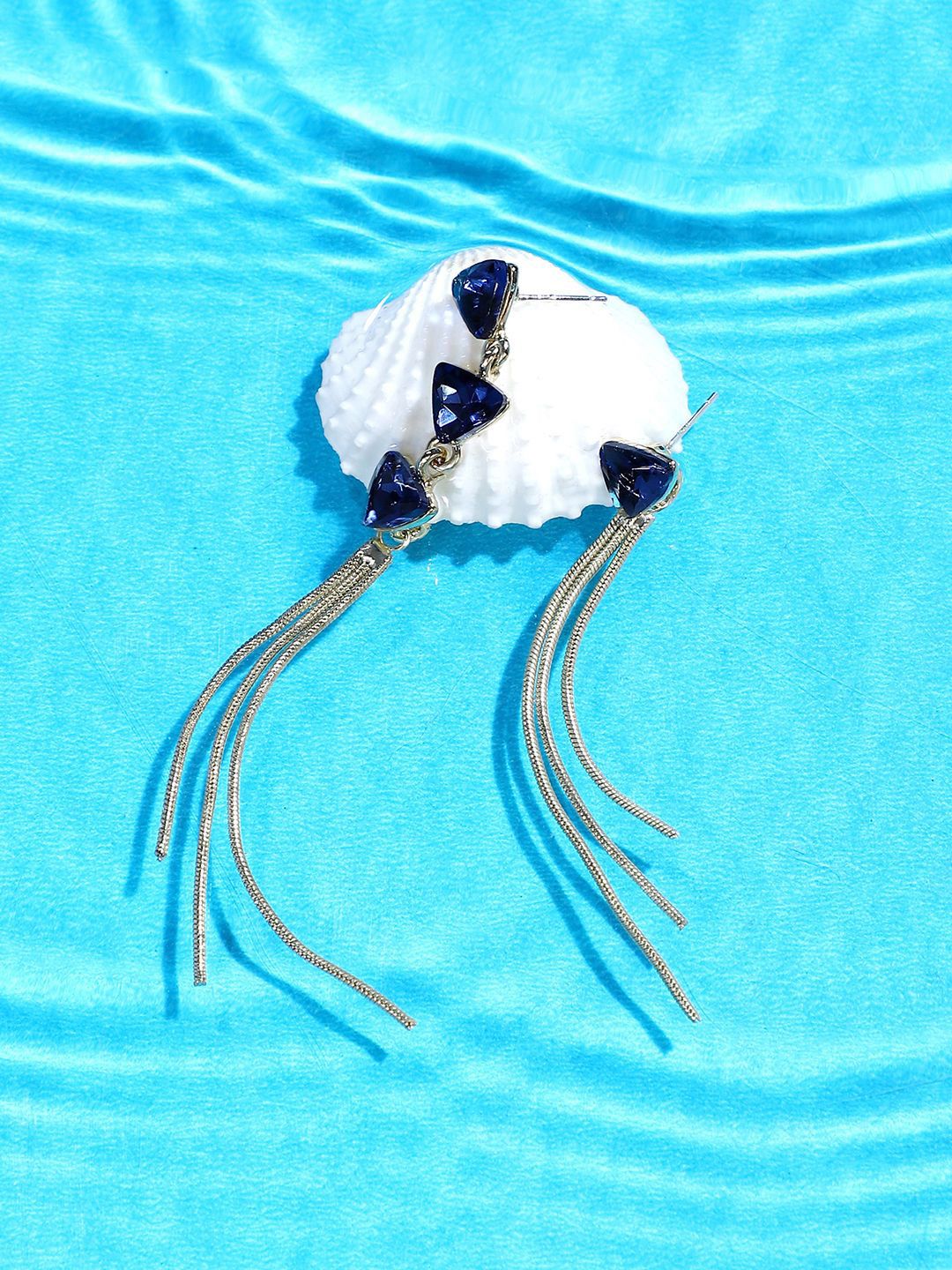 DressBerry Gold-Plated Artificial Stones Studded Triangular Shaped Tasselled Drop Earrings-picture-40