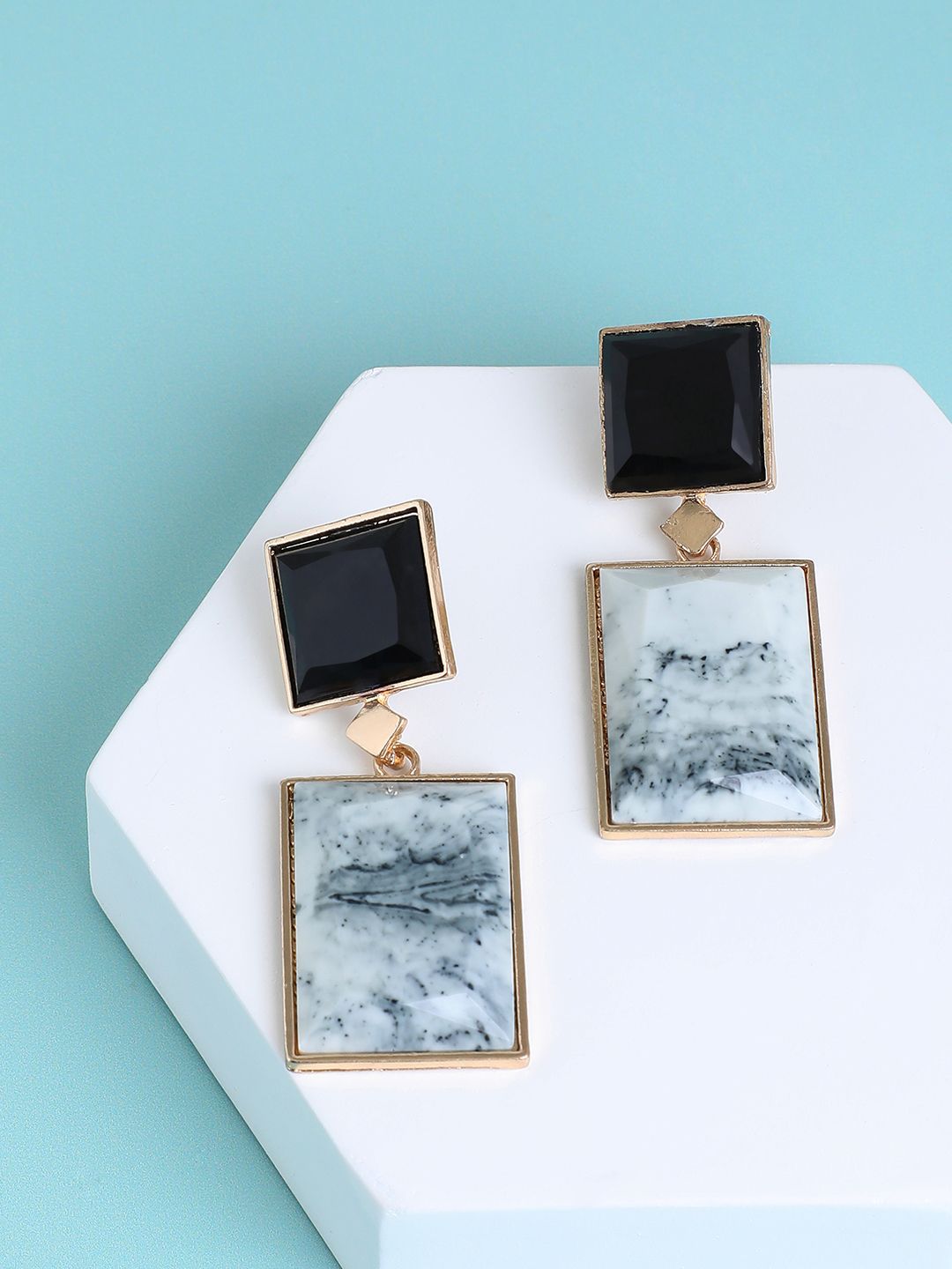 DressBerry Gold-Plated Artificial Stones Studded Square Shaped Drop Earrings-picture-14