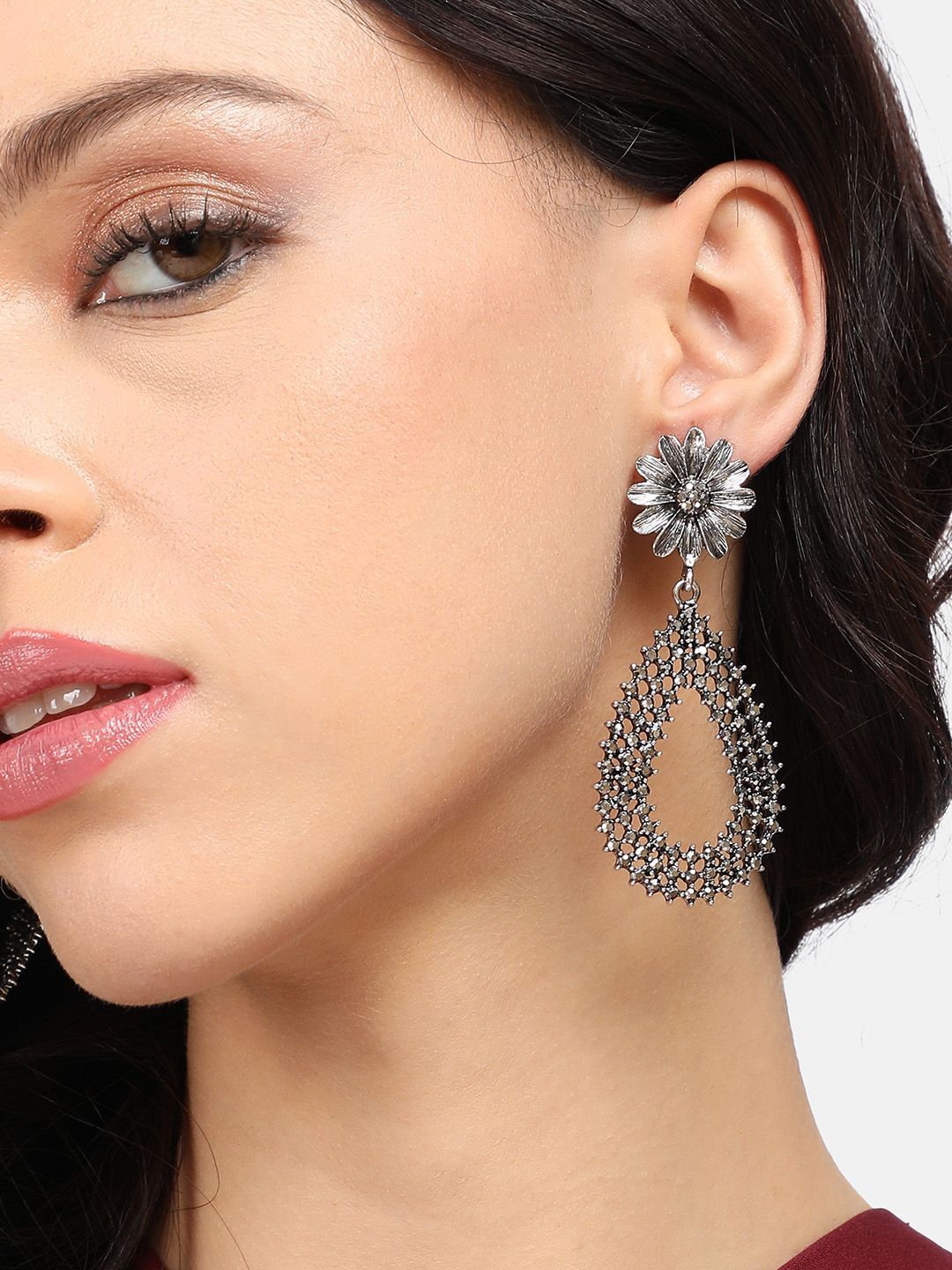 DressBerry Silver-Plated Artificial Stones Studded Teardrop Shaped Drop Earrings-picture-25