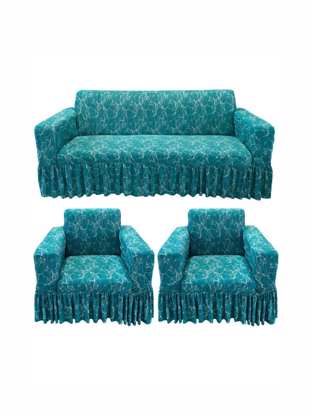 GIFTS ISLAND Teal Printed Polyester 3 Piece Sofa Cover With Arms-picture-44