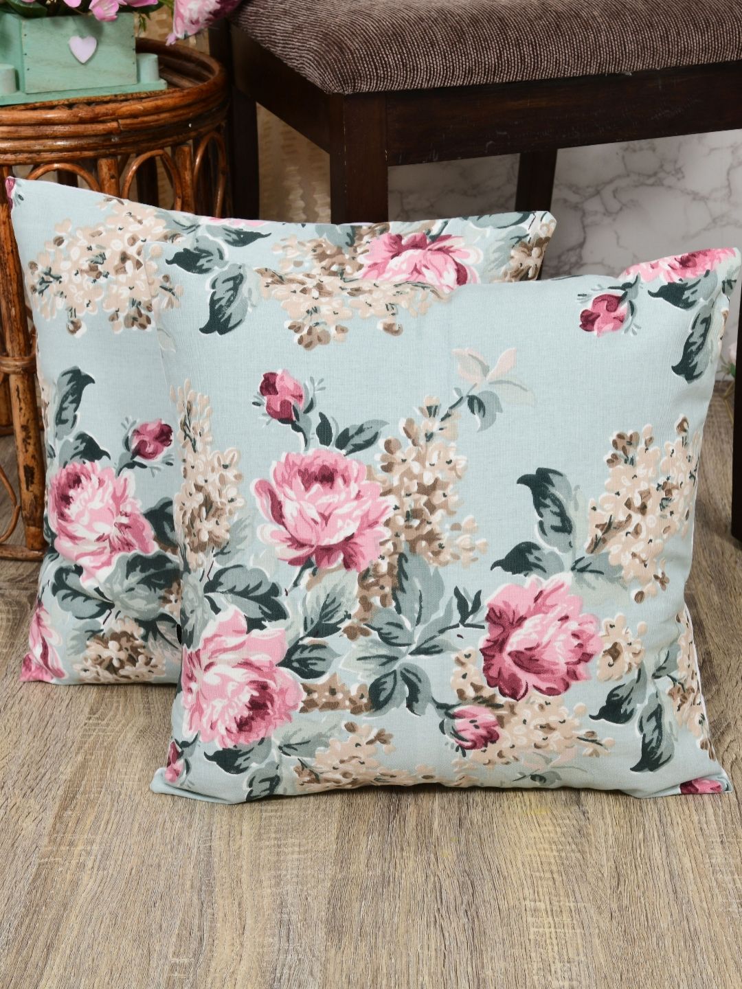 Clasiko Green & Pink Set of 2 Floral Square Cushion Covers-picture-39