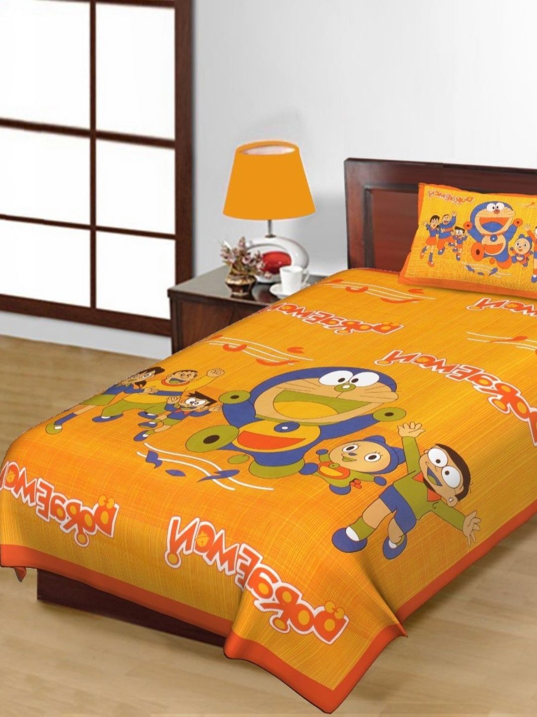 Salgia Yellow & Blue Graphic 144 TC Single Bedsheet with 1 Pillow Covers-picture-37