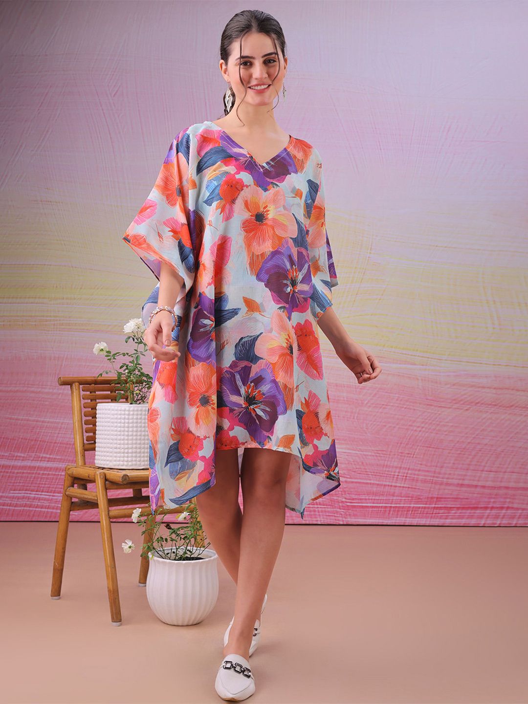 LABEL AARNA Lush Hues Muslin Cotton Short Kaftan Dress