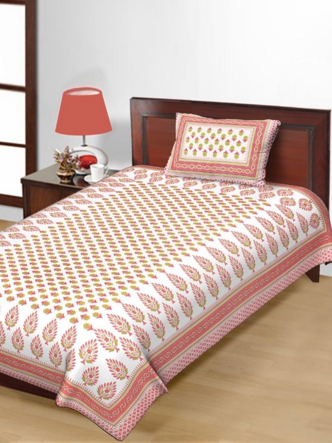 Salgia White & Pink Floral Printed Pure Cotton 144 TC Single Bedsheet Set 2.25m x 1.45m-picture-22