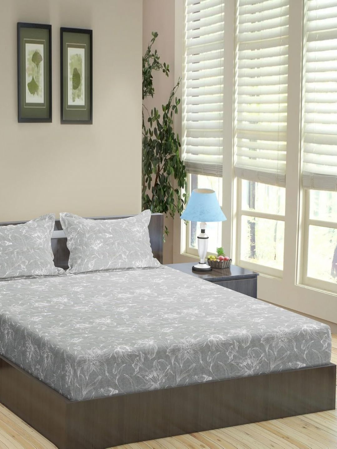 Trance Home Linen Grey Floral Printed 144 TC Fitted Double Bedsheet Set 1.91 m x 1.52 m-image-10