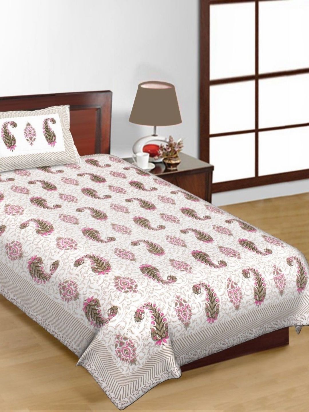 Salgia Green & Off White Printed Pure Cotton 144 TC Single Bedsheet Set 2.25m x 1.45m-picture-39