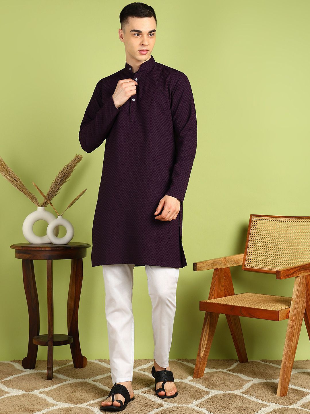 FUBAR Geometric Embroidered Band Collar Thread Work Straight Kurta-picture-57