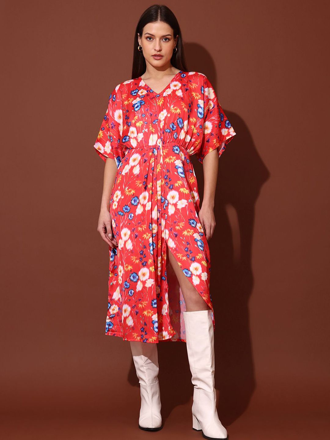 PURVAJA Floral Print Kimono Sleeve Satin Midi Dress-picture-16