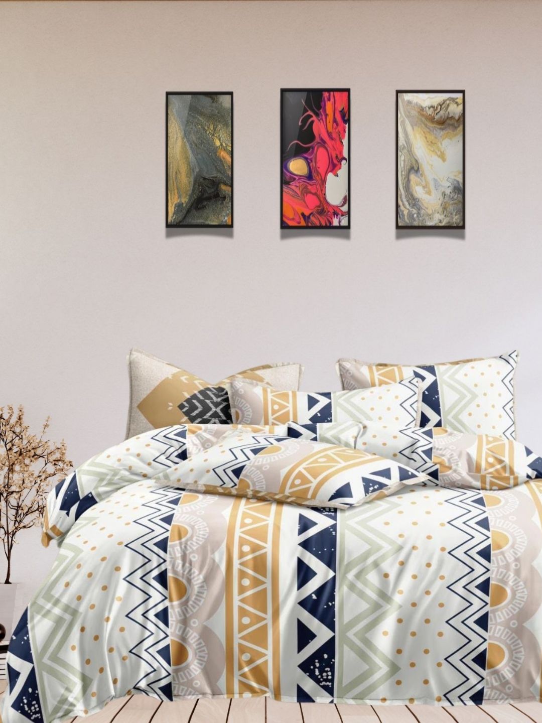 Aura White & Navy Blue Abstract Printed Cotton 350 TC King Bedsheet Set 2.75 m x 2.75m-picture-37