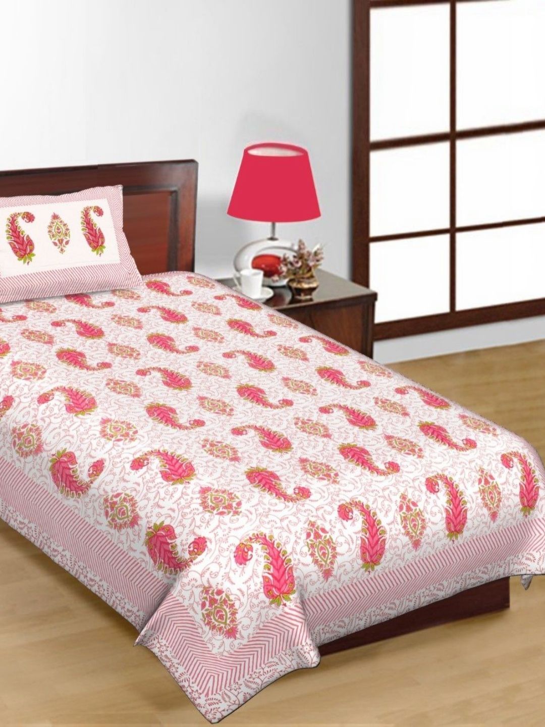Salgia White & pink Floral Printed Pure Cotton 144 TC Single Bedsheet Set 2.25m x 1.45m-picture-27