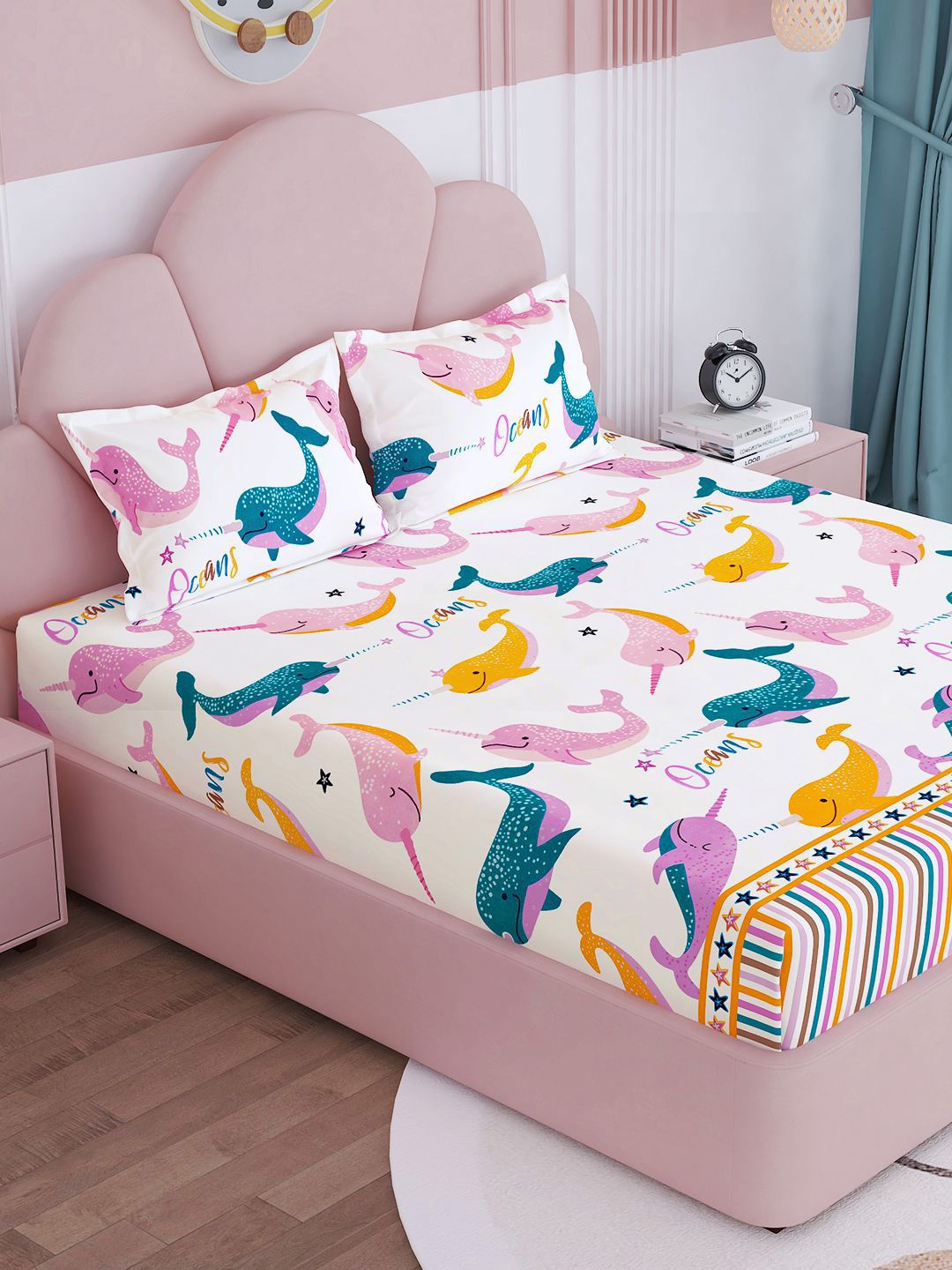 Story@home Off White & Green Graphic 180 TC Queen Bedsheet with 2 Pillow Covers-picture-31