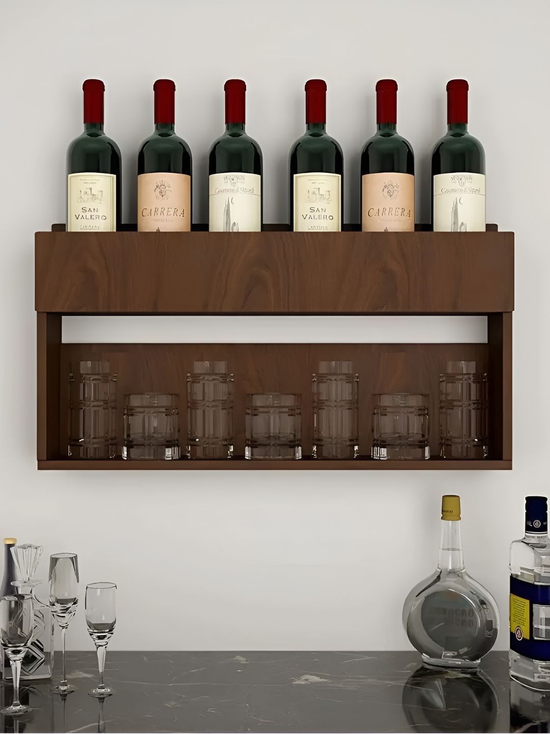 DEKORSTATION Brown Walnut Finish Wood Bar Wall Shelf-image-3