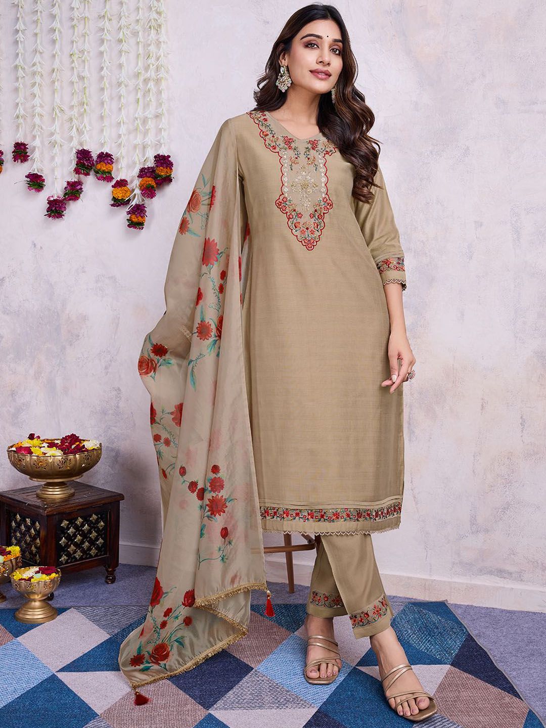 Women's Orange Beads and Stones Kurta Sets