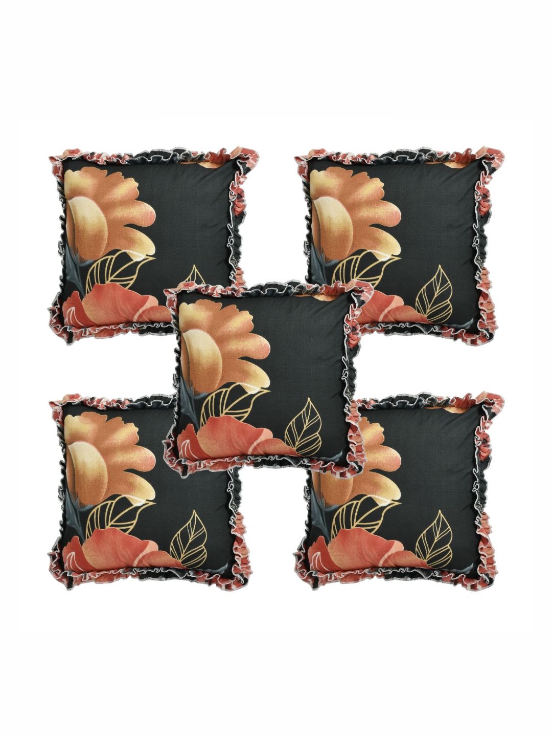 Luxmi Cotton Fabrics Black & Mustard 5 Pieces Floral Printed Square Cushion Covers-picture-37