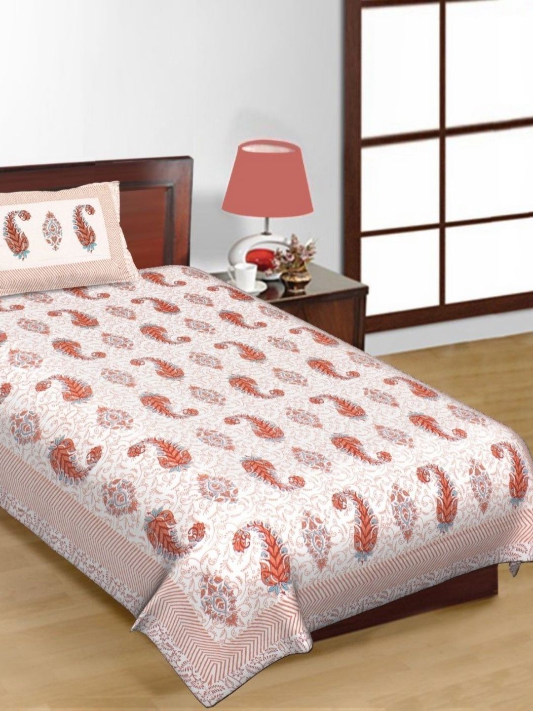 Salgia White & Orange Motifs Printed Pure Cotton 144 TC Single Bedsheet Set 2.25m x 1.45m-picture-14