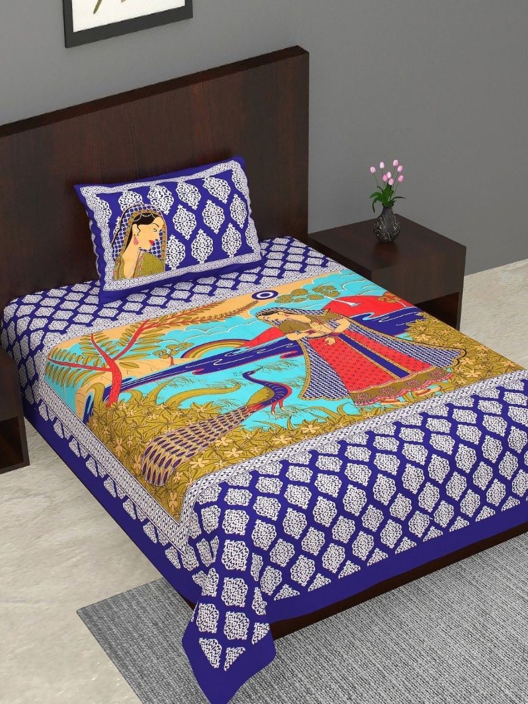 Salgia Blue & Red Graphic Printed Pure Cotton 144 TC Single Bedsheet Set 2.25m x 1.45m-picture-41