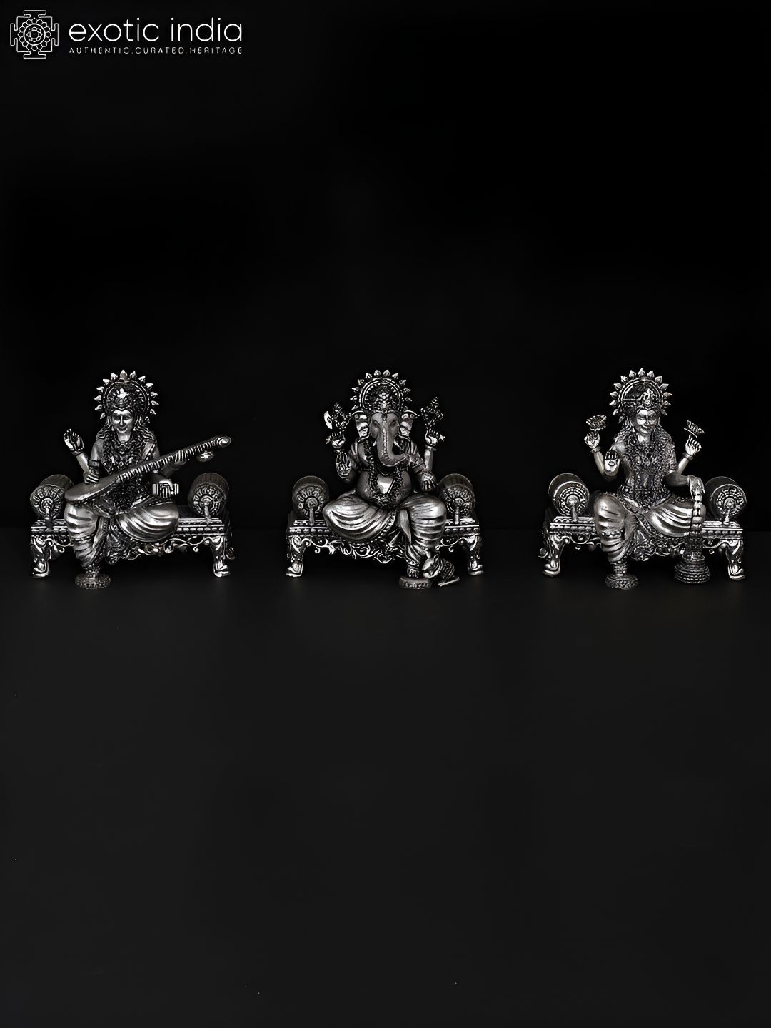 Exotic India Silver-Toned Lakshmi Ganesha Saraswati Brass Idol Showpiece-picture-25