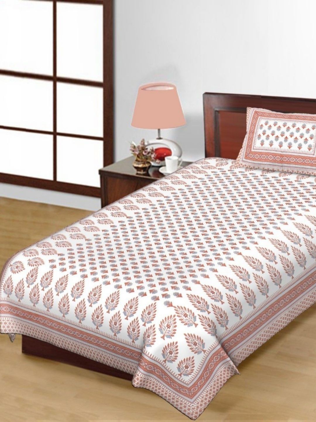 Salgia White & Blue Motifs Printed Pure Cotton 144 TC Single Bedsheet Set 2.25m x 1.45m-picture-28