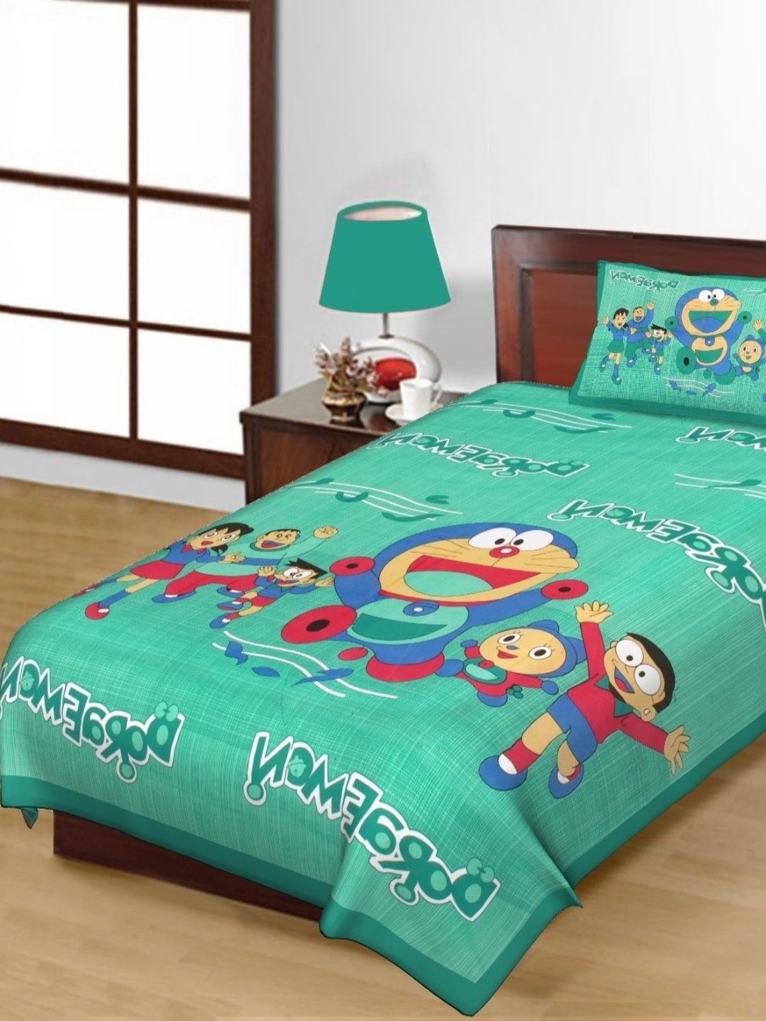 Salgia Green & Blue Cartoon Printed Pure Cotton 144 TC Single Bedsheet Set 2.25m x 1.45m-image-11