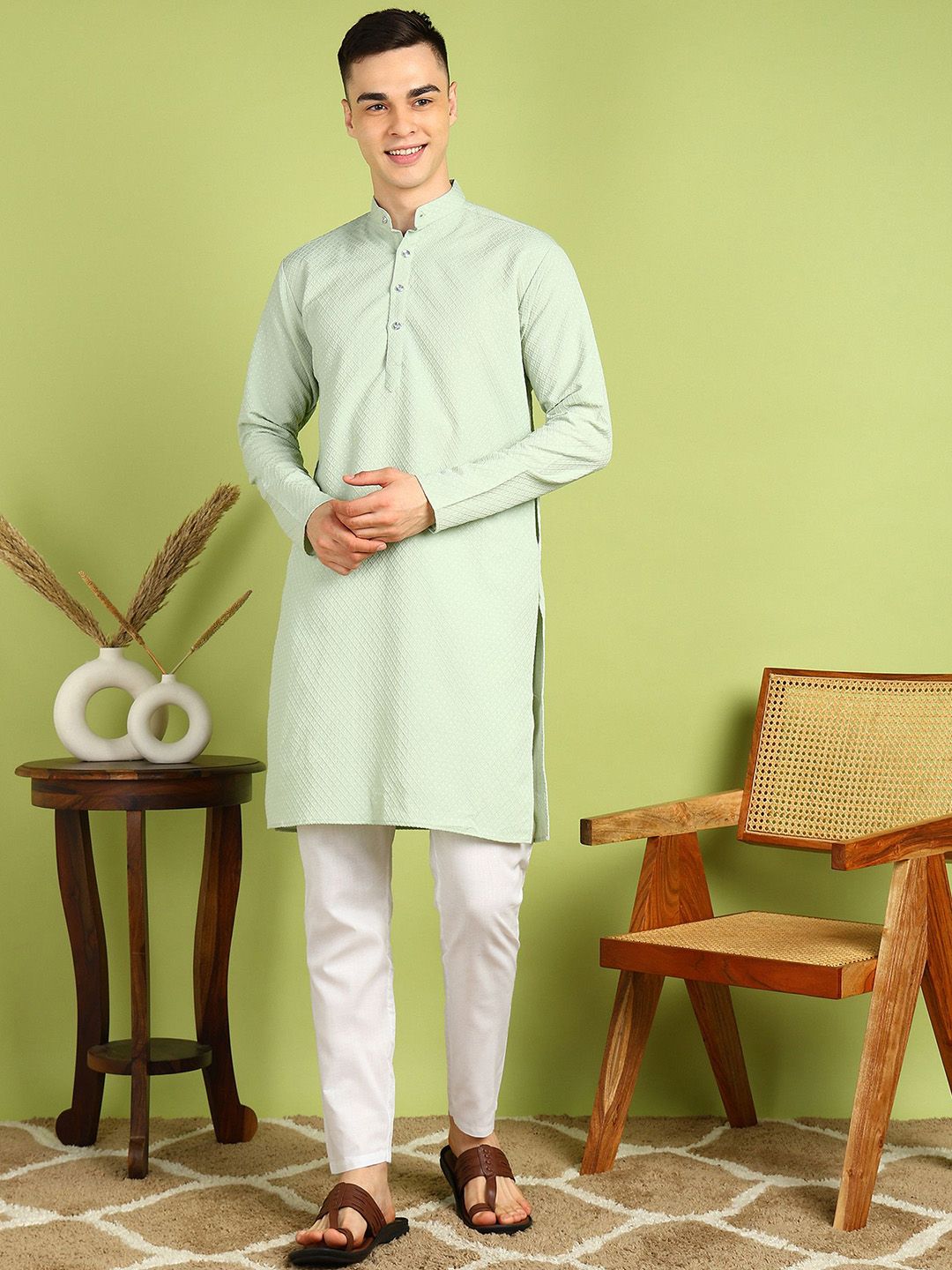 FUBAR Geometric Embroidered Band Collar Thread Work Straight Kurta-picture-32