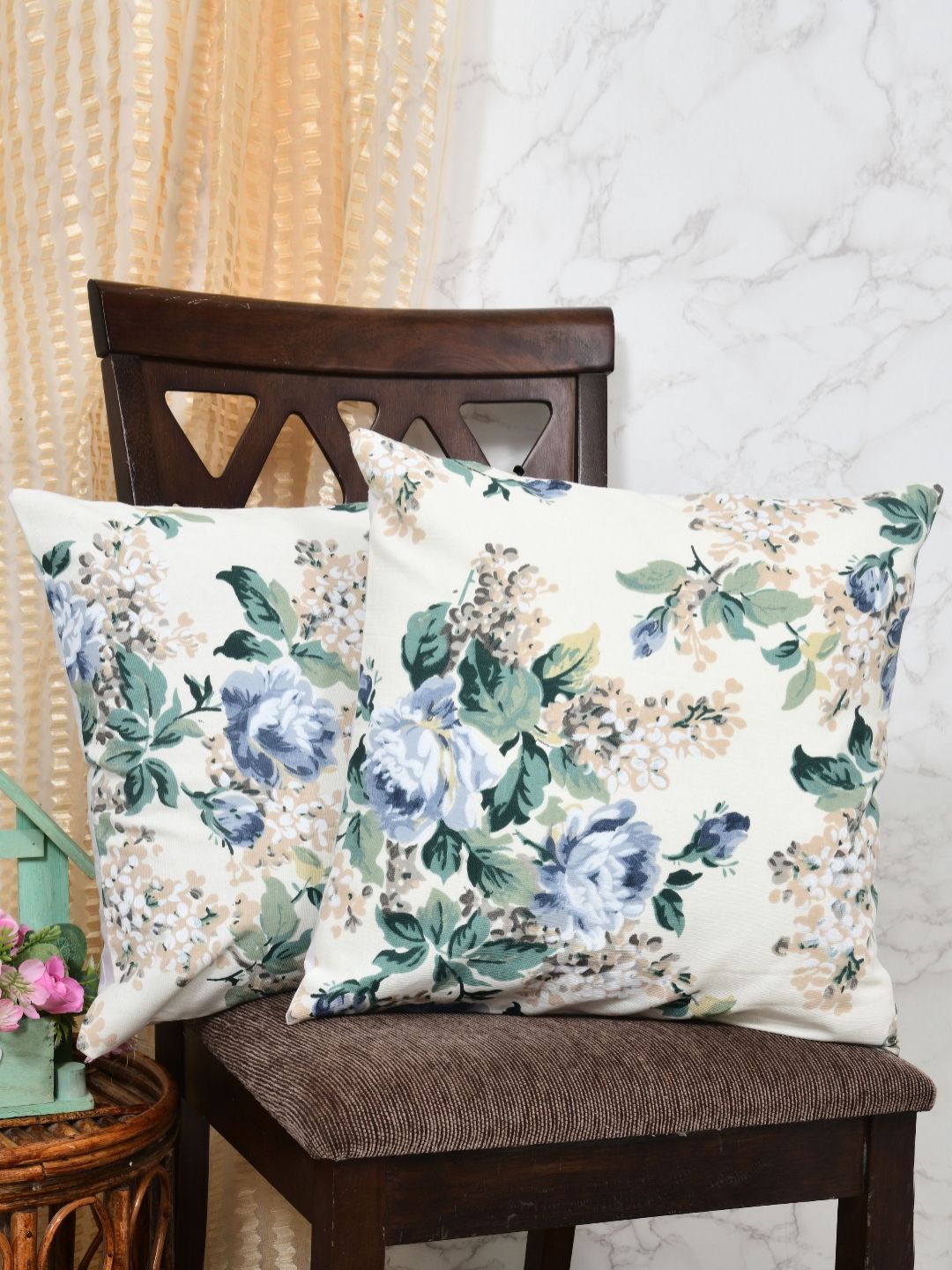 Clasiko Beige & Blue Set of 2 Printed Square Cushion Covers-picture-41