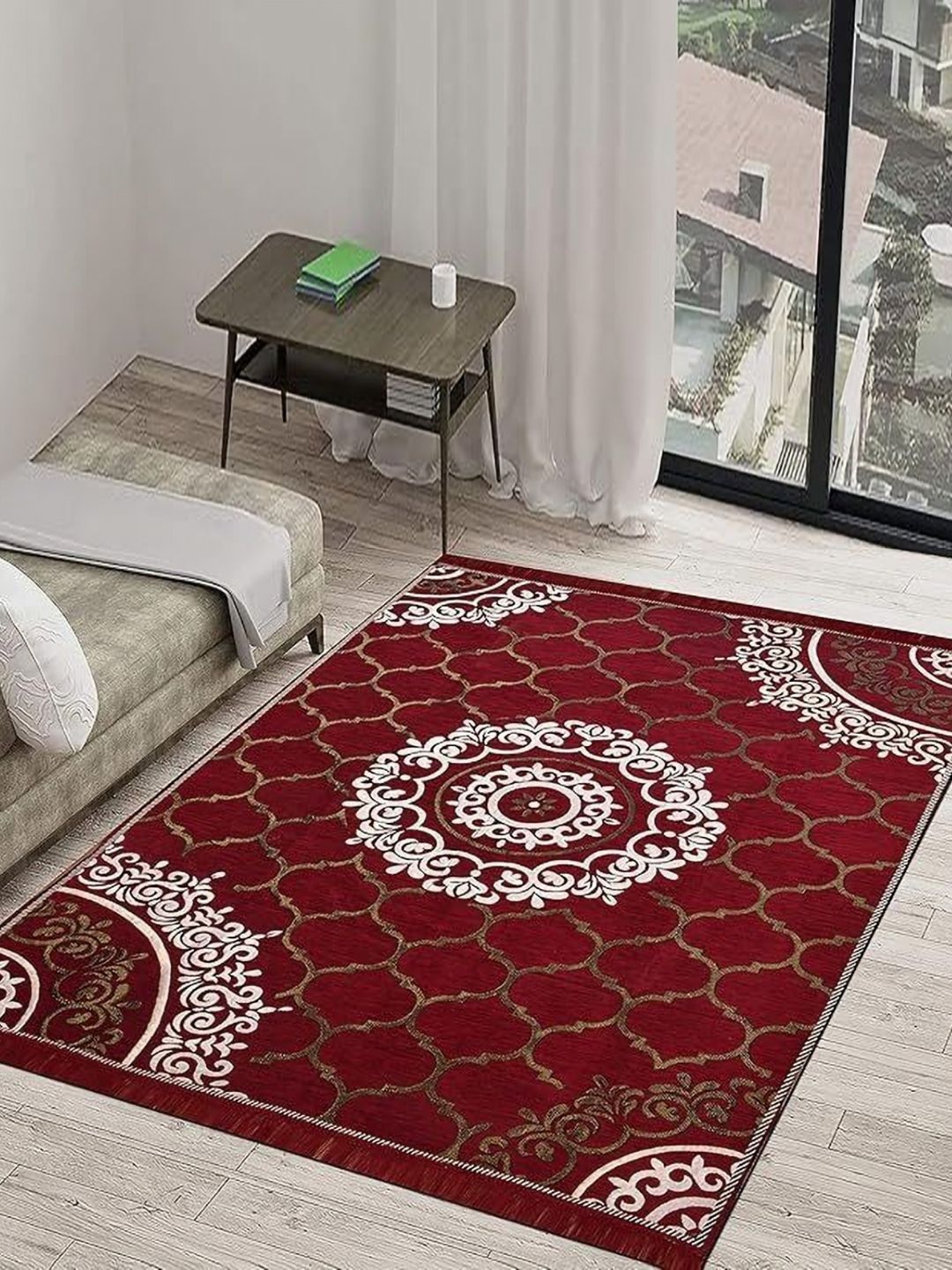 RADECOR Maroon & White Ethnic Motifs Anti-Skid Chennille Carpet-picture-18