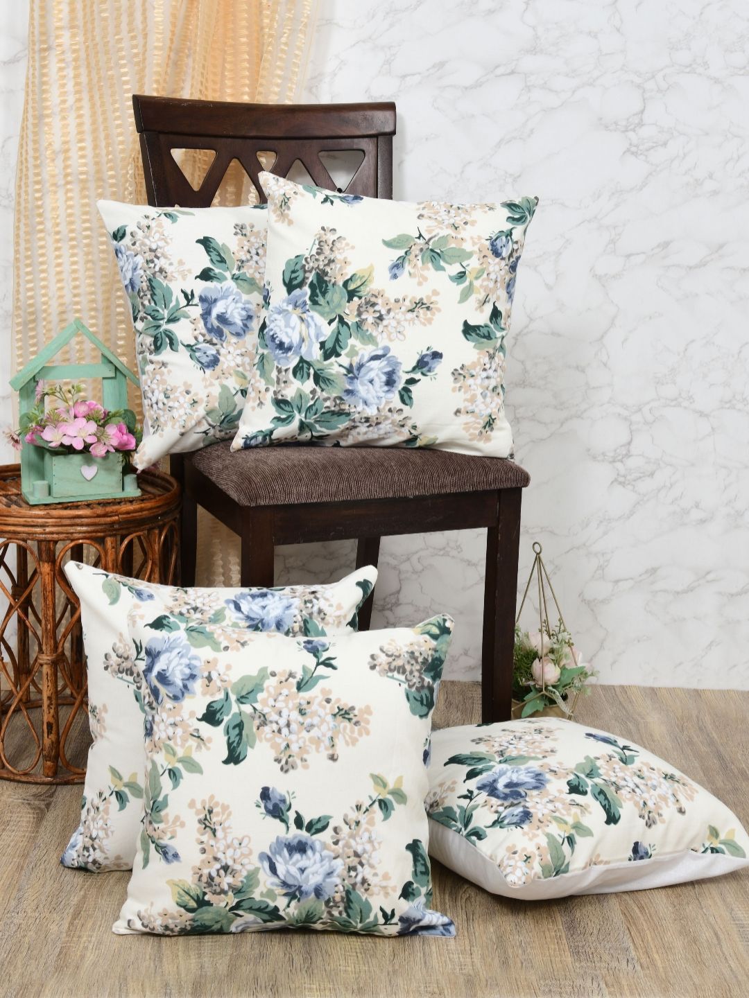 Clasiko Beige & Blue Set of 5 Printed Square Cushion Covers-image-37