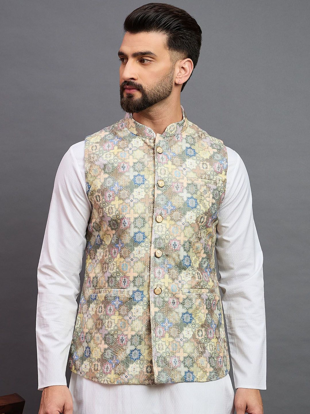 House of Pataudi Men Woven Design Mandarin Collar Nehru Jacket-picture-27