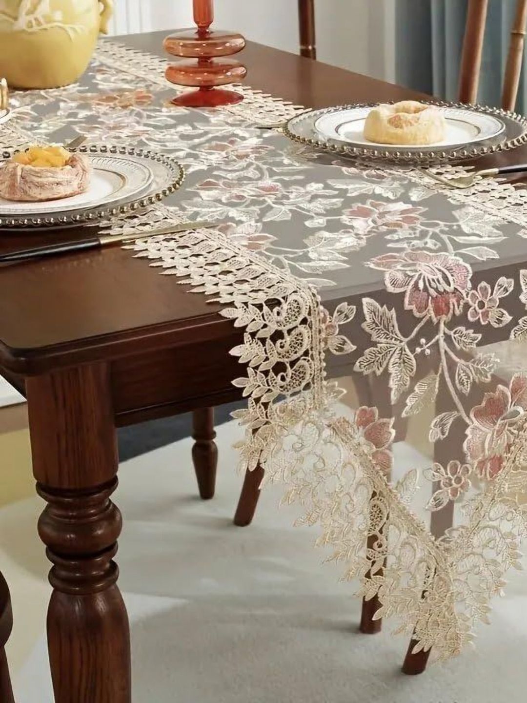 MONKDECOR Pink & Cream-Colored Embroidered Table Runner-picture-54