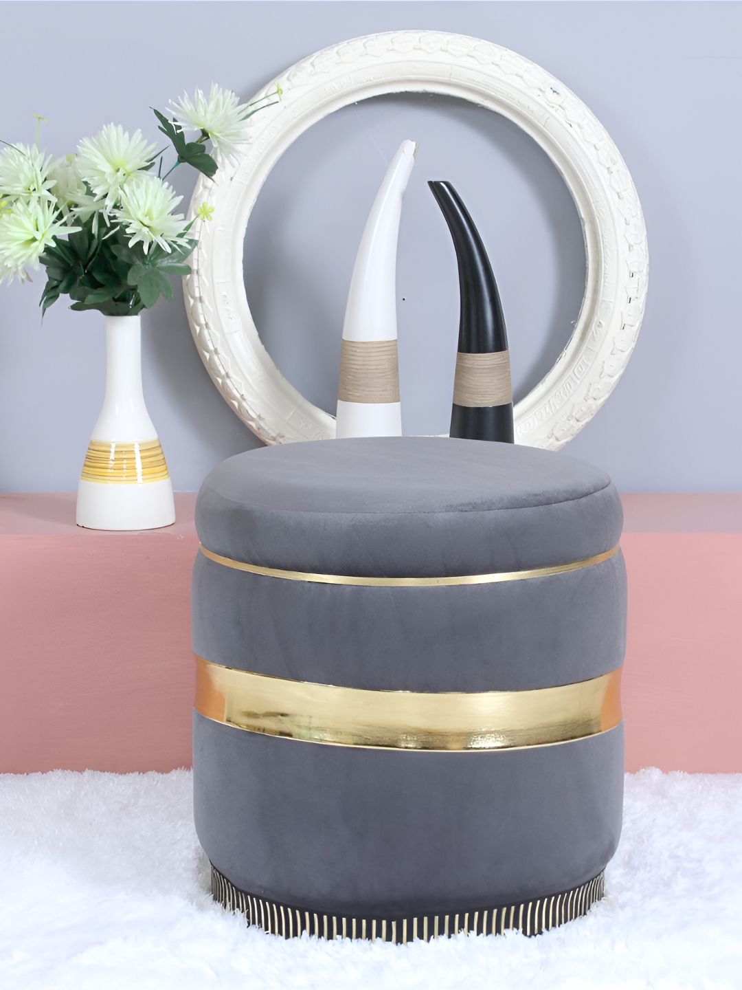 Shadowkart Grey Round Wooden & Velvet Pouffes Pedestal Ottoman-image-24