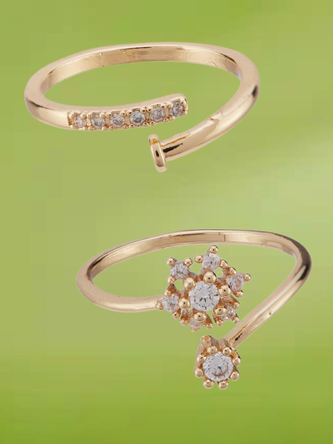 ATIBELLE Set Of 2 Gold-Plated Cubic Zirconia Stone-Studded Adjustable Finger Rings