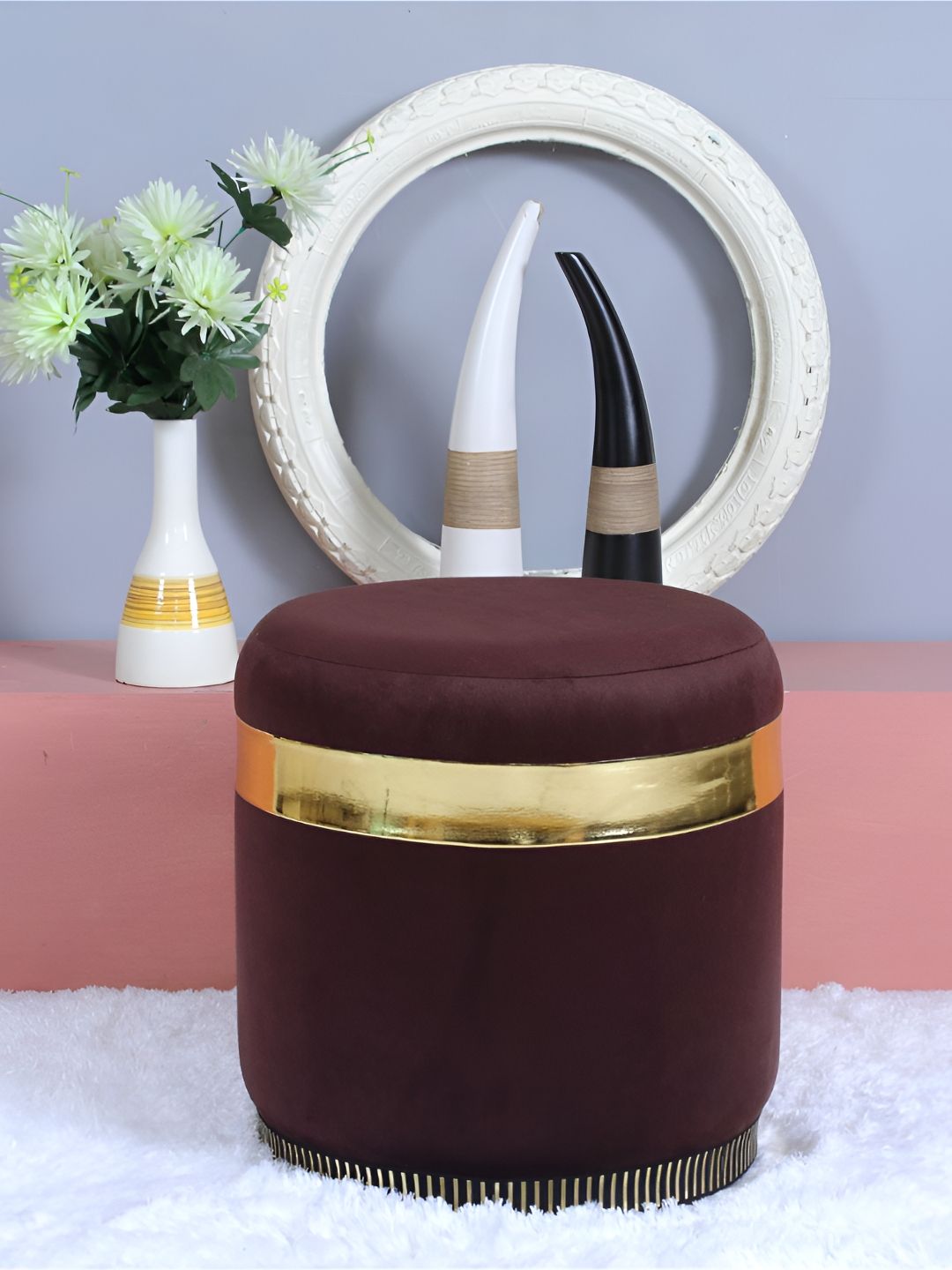 Shadowkart Brown & Gold-Toned Velvet Round Pouffes Ottomans Stool-picture-14