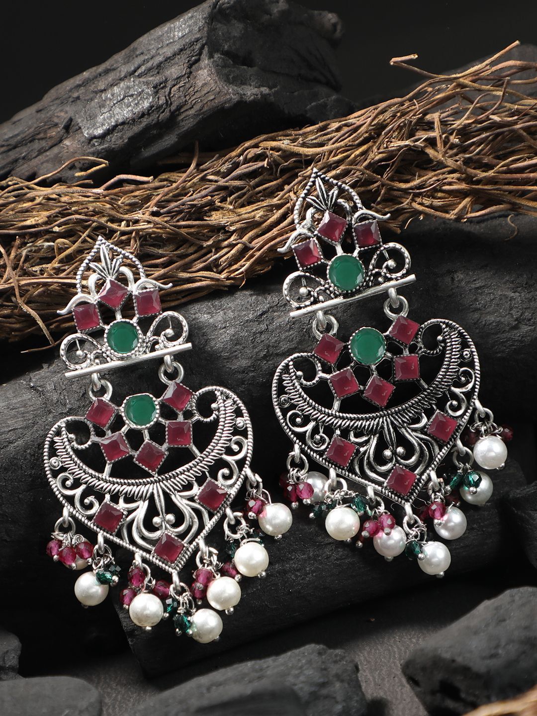 Sangria Silver-Plated Artificial Stones Studded & Pearls Beaded Classic Drop Earrings-image-40