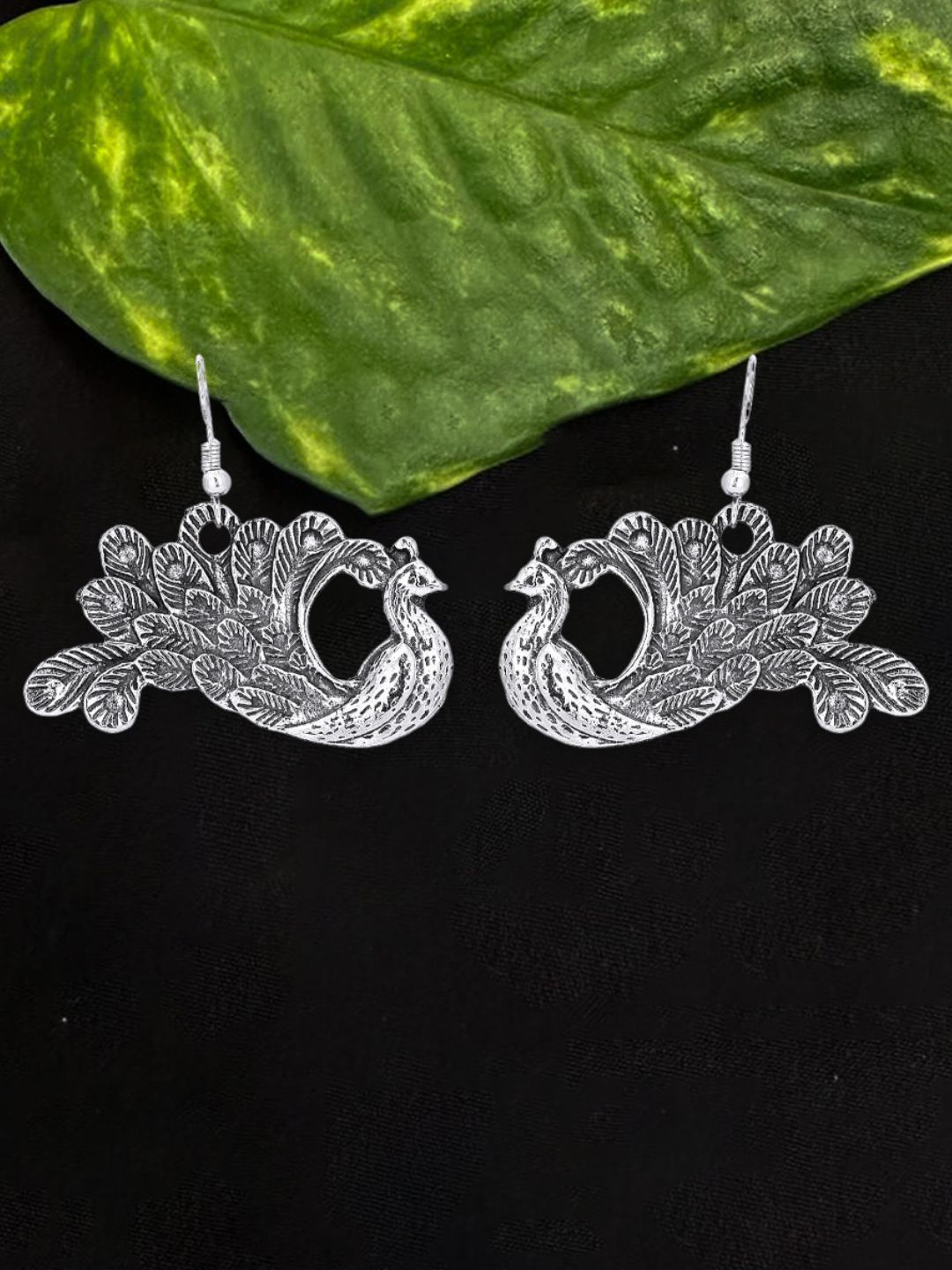 Sangria Silver-Plated Dancing Peacock Shaped Oxidised Drop Earrings-picture-21