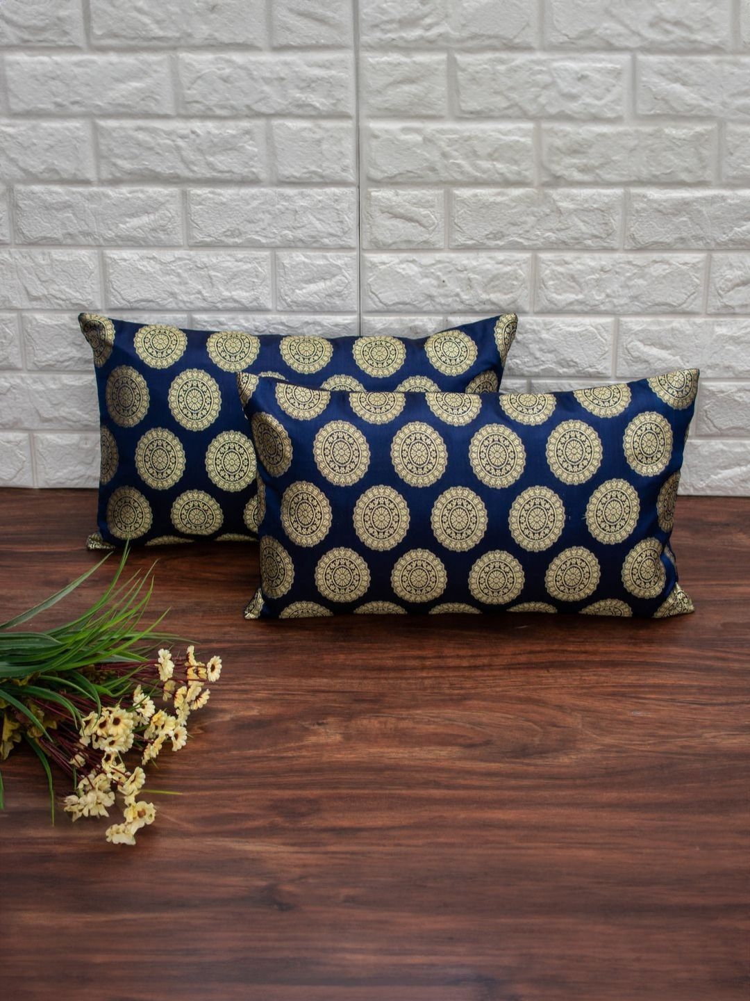 RoyalDeco Navy Blue & Gold-Toned Set of 2 Ethnic Motifs Rectangle Cushion Covers-picture-14