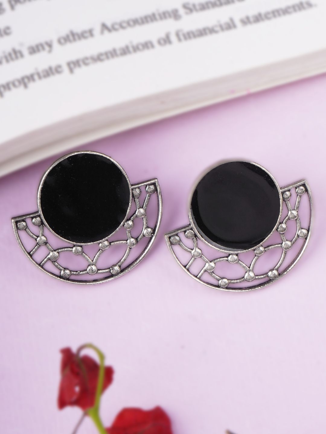 Sangria Silver-Plated Artificial Stones Studded Geometric Drop Earrings-image-0