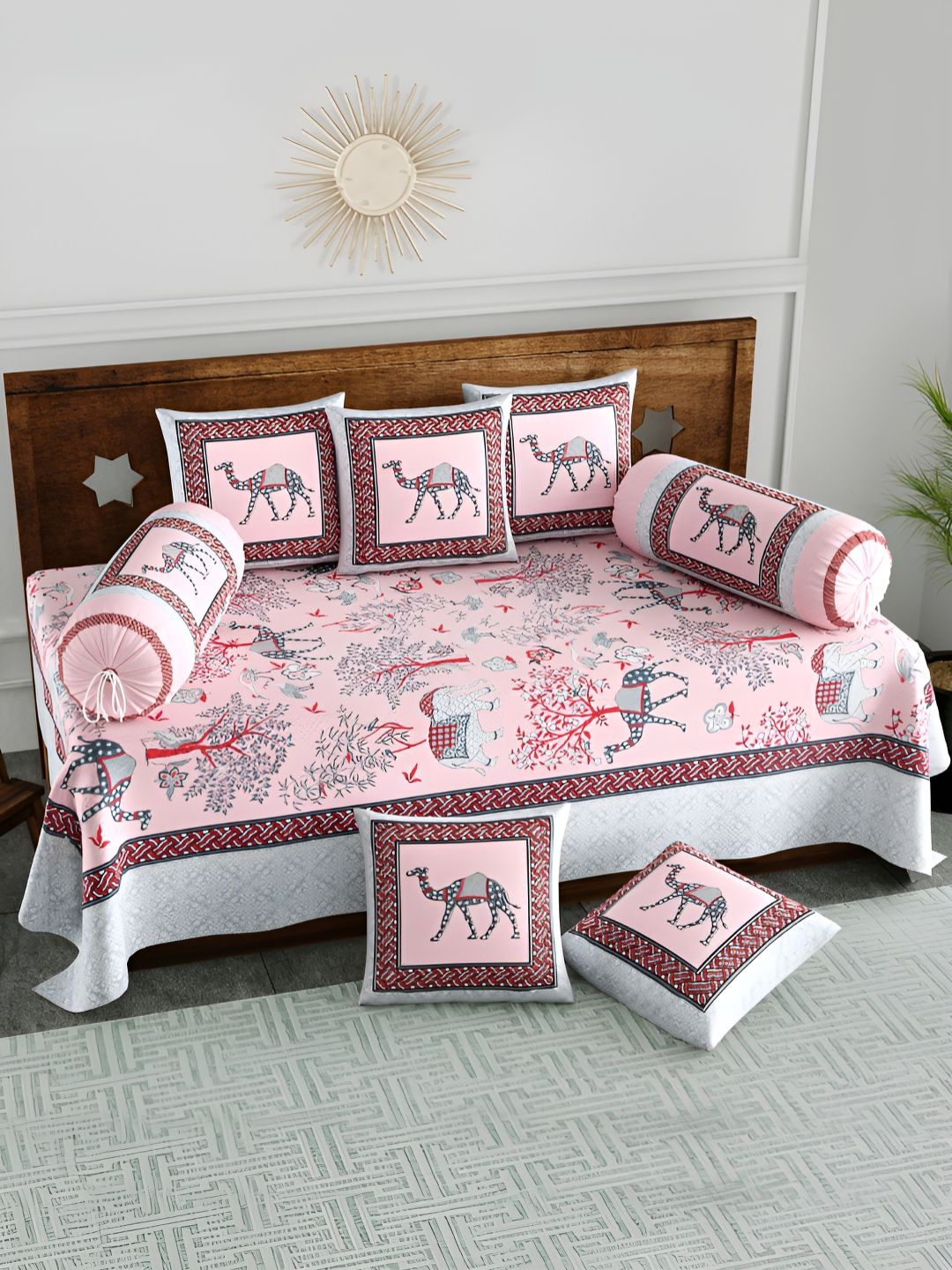 Myntra Elegant Homes 8-Pcs Pink & Red Printed Cotton Diwan Set-picture-28