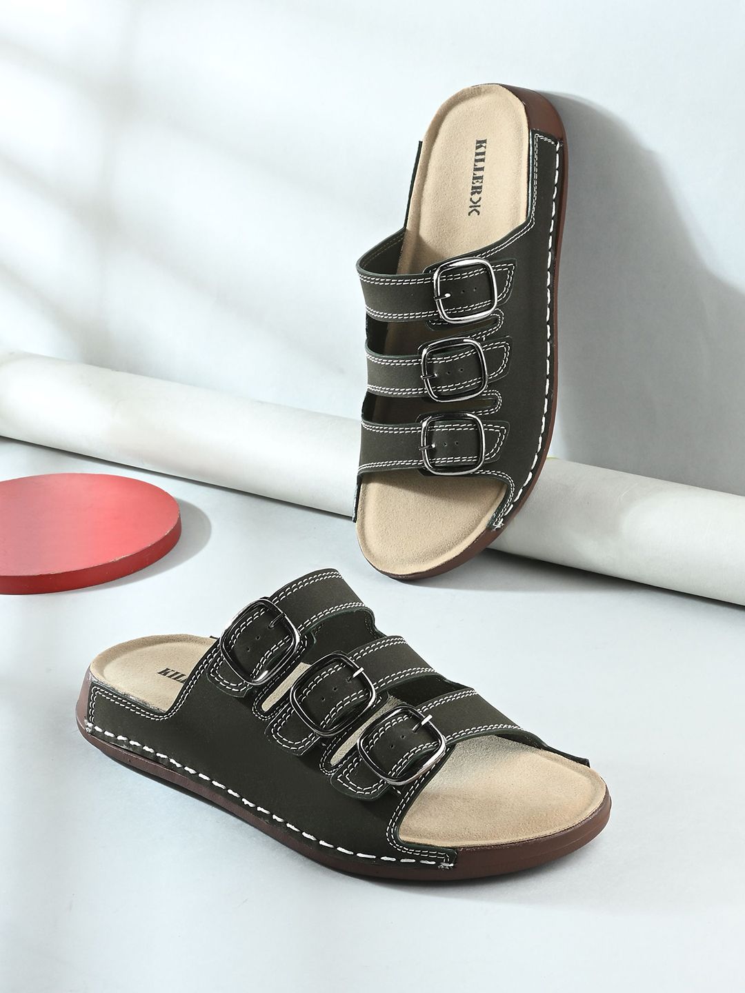 Killer Men Black Leather Comfort Sandals With Buckle-picture-31