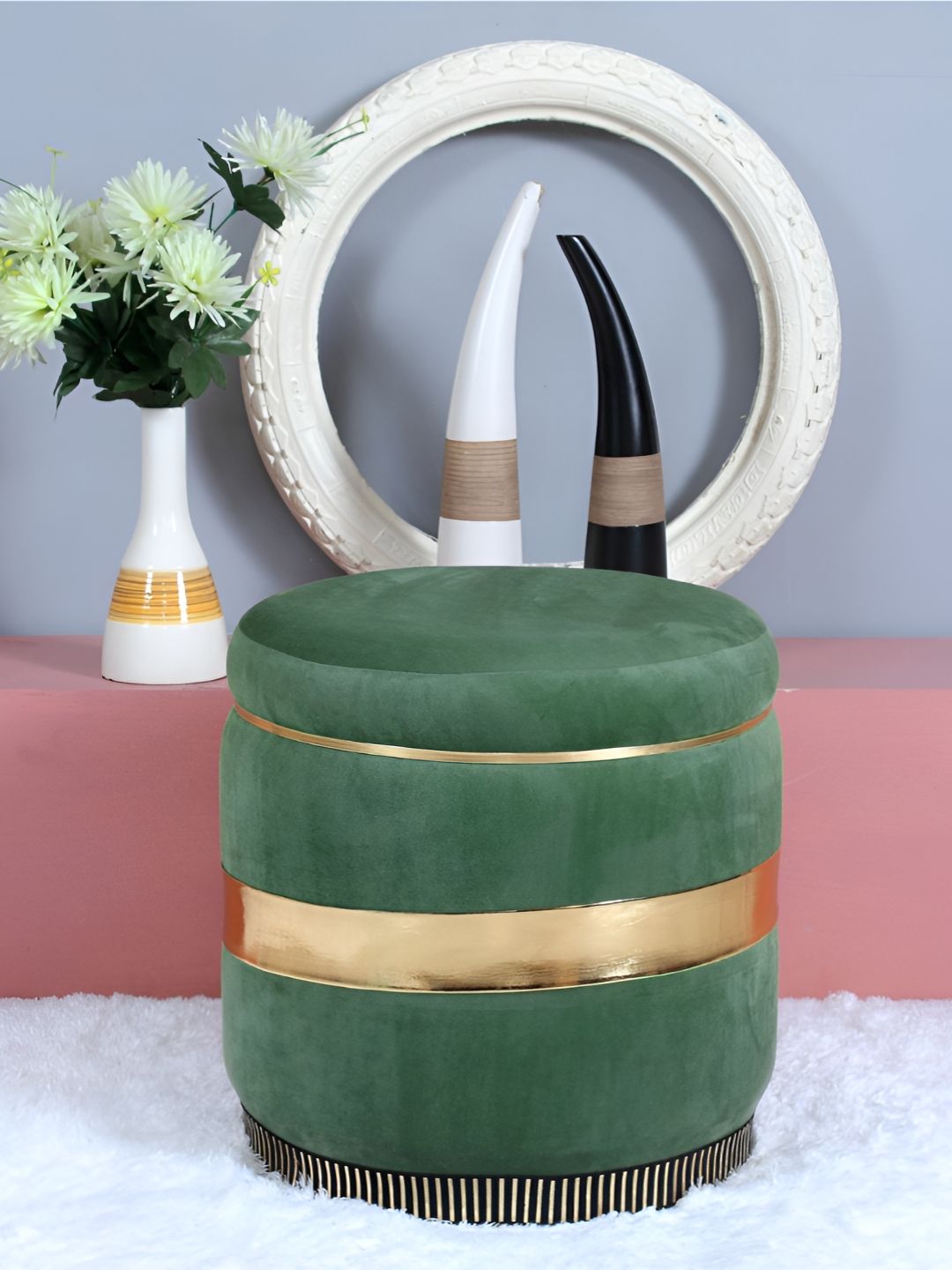 Shadowkart Green Round Wooden & Velvet Pouffes Pedestal Ottoman-picture-25