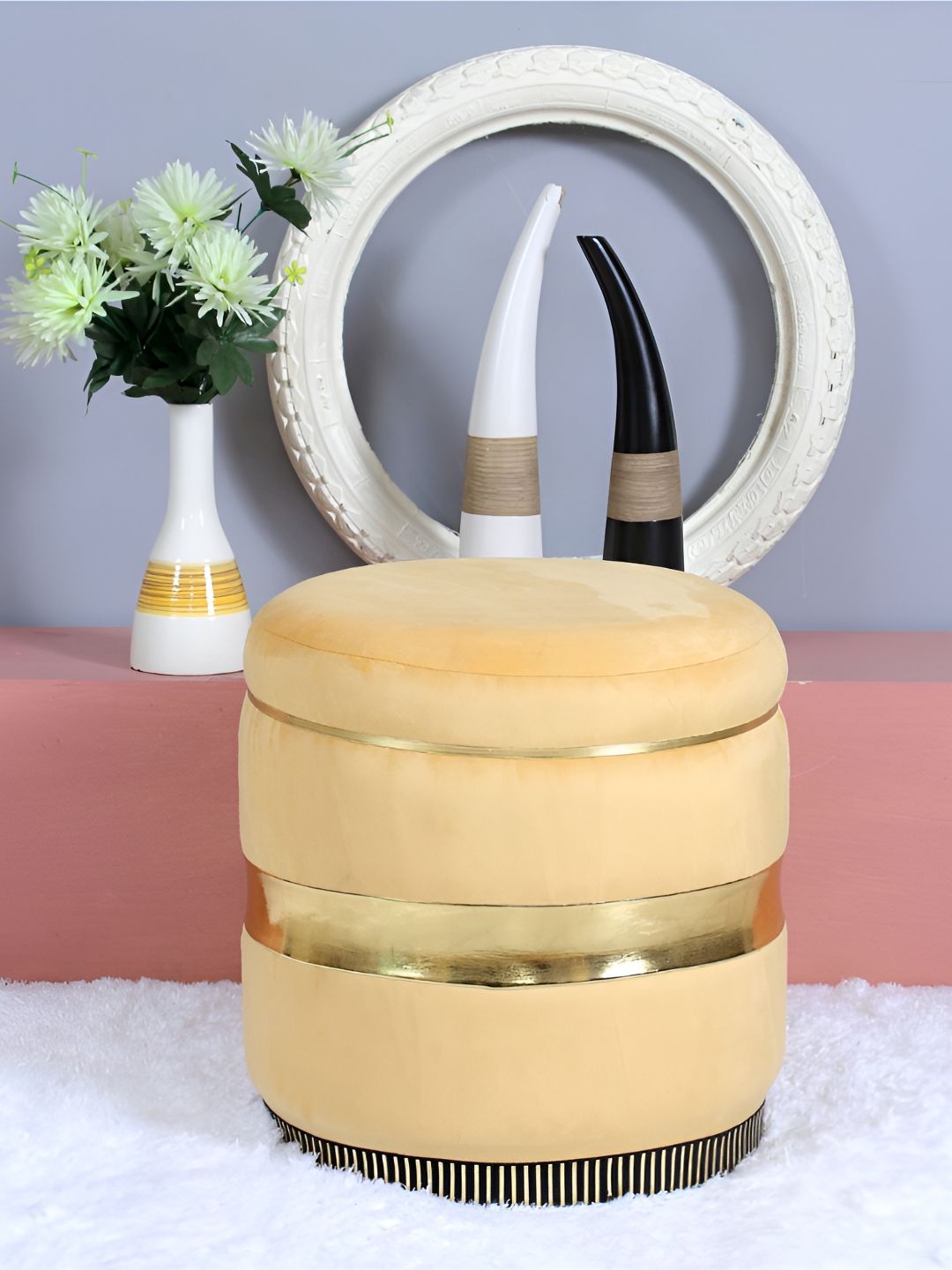 Shadowkart Yellow Round Wooden & Velvet Pouffes Pedestal Ottoman-picture-15