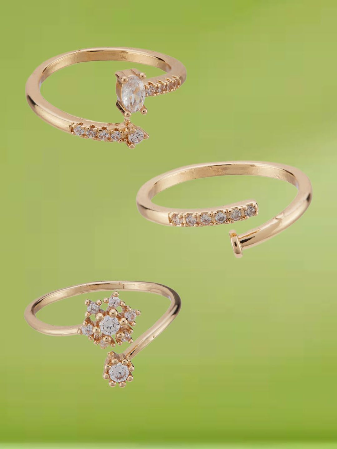 ATIBELLE Set Of 3 Gold-Plated Cubic Zirconia Stone-Studded Adjustable Finger Ring
